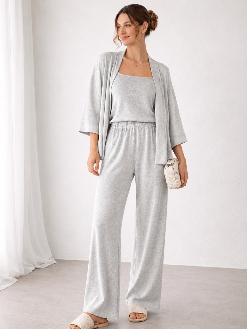 5. Lemon • NWT Light Grey Knit Lounge Set - Top, Cardigan & Wide Leg Pants